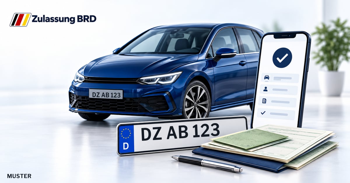 Online Fahrzeugzulassung in Schkeuditz: Musterkennzeichen DZ AB 123, Auto und Fahrzeugpapiere und Smartphone. Illustration mit Logo von Zulassung BRD.